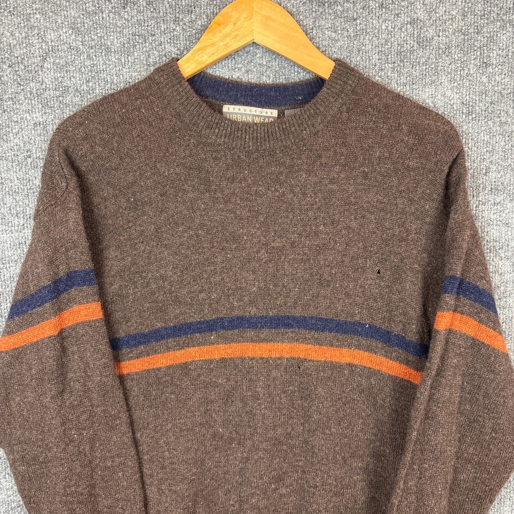VTG Structure Lambswool Retro Chest Stripe Crewneck Sweater Large Brown Orange